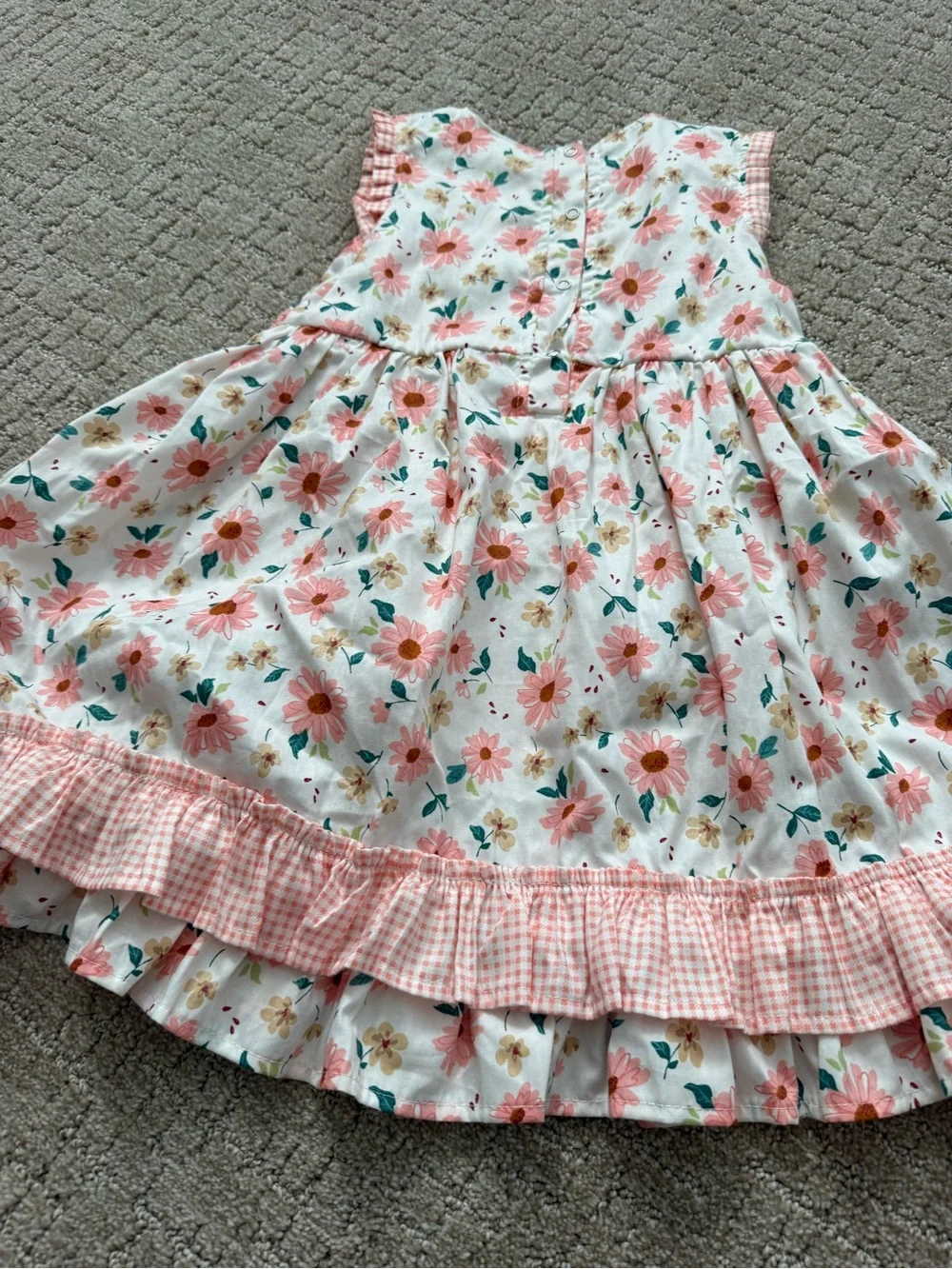 Girls Pink Floral Gingham Trim Dress